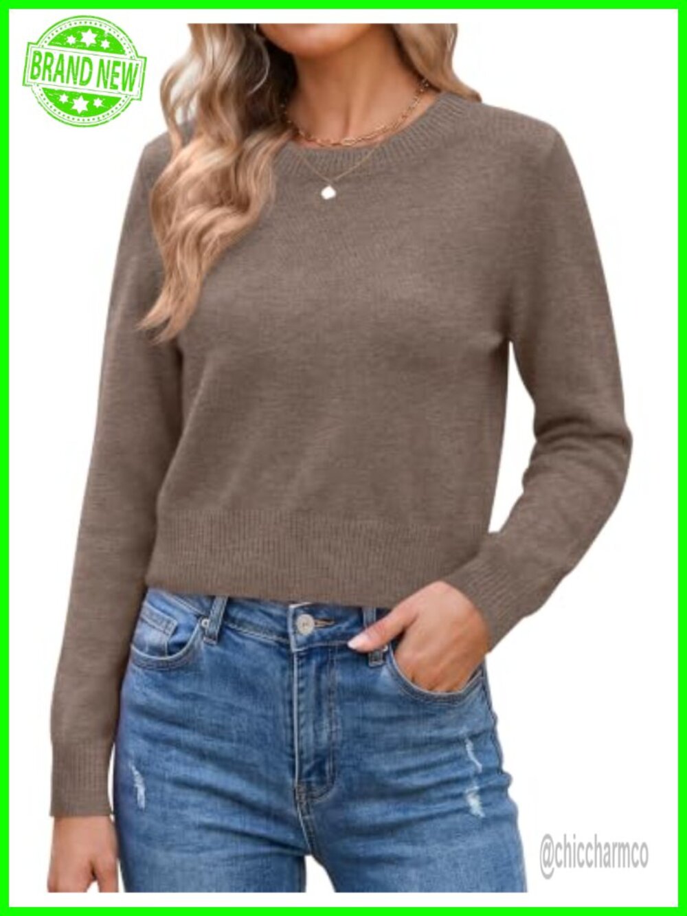 LOMON Women's Cropped Sweater Crewneck Long Sleeve Knit Pullover